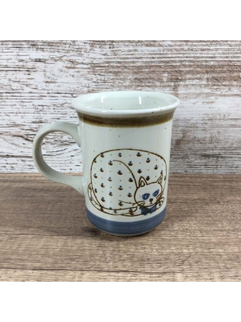 Vintage Otagiri Cat Mug Stoneware 4" Tall Blue & Brown Hand-Painted Design
